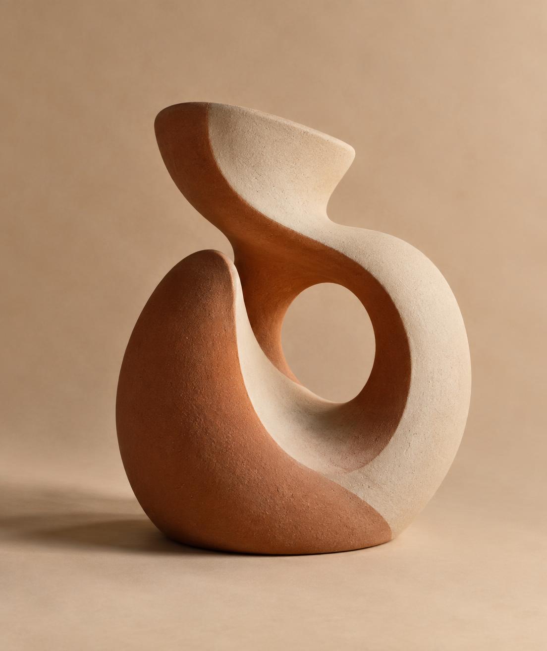 Forme sculpturale abstraite, terre cuite et crème